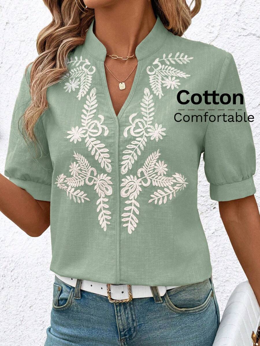 SHEIN Clasi V-Neck Eyelet Embroidery Women Shirt, Fashionable For Summer, Christmas - Mint Green - View 1