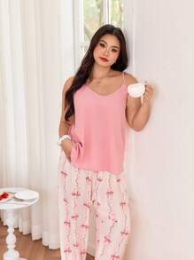 SHEIN Plus Size Solid Color Cami Top And Printed Pants Pajama Set, Outfits  Cozy And Elegant Details - Pink - View 7