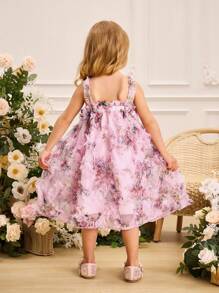 SHEIN Glamorique Kids Young Girl' Ruffled Floral Print Strap Layered Dress, Spring/Summer - Baby Pink - View 2