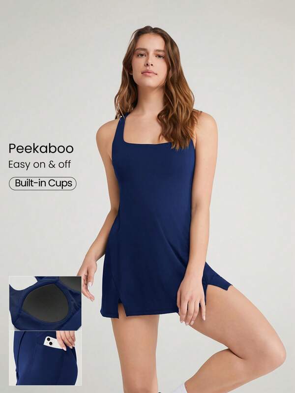 GLOWMODE Vestido activo FeatherFit™-Air con abertura delantera tentadora, cuello cuadrado y espalda de tirantes anchos, con shorts incorporados, bolsillos laterales, agarre antideslizante y adecuado para uso diario, tenis, golf y pickleball de bajo impacto