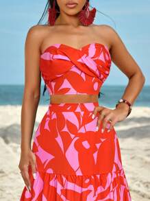 BamGleam Ruched Side Twist Bandeau Top And Split Thigh Ruffle Hem Skirt Set - Red - View 5