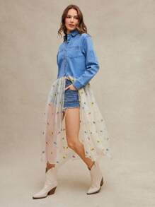 WESTFADE Western Cowgirl Mixed Media Denim & Spring Floral Embroidered Sheer Woven Collared Button Front Long Sleeve Maxi Shirt Jacket Summer Beach Vacation - Light Wash - View 4
