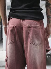 Manfinity EMRG Men's Burgundy Denim Long Jeans With Zipper Details And Distressed Frayed Design - Burgundy - View 3