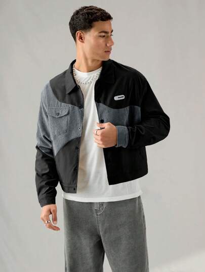 SWAVVY 男士休闲日常宽松灯芯绒拼接长袖衬衫，适合学校，秋冬