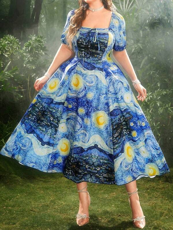 Lyrianda Rochie A-Line Adunată în talie cu imprimeu Van Gogh de vacanță de mărimi plus