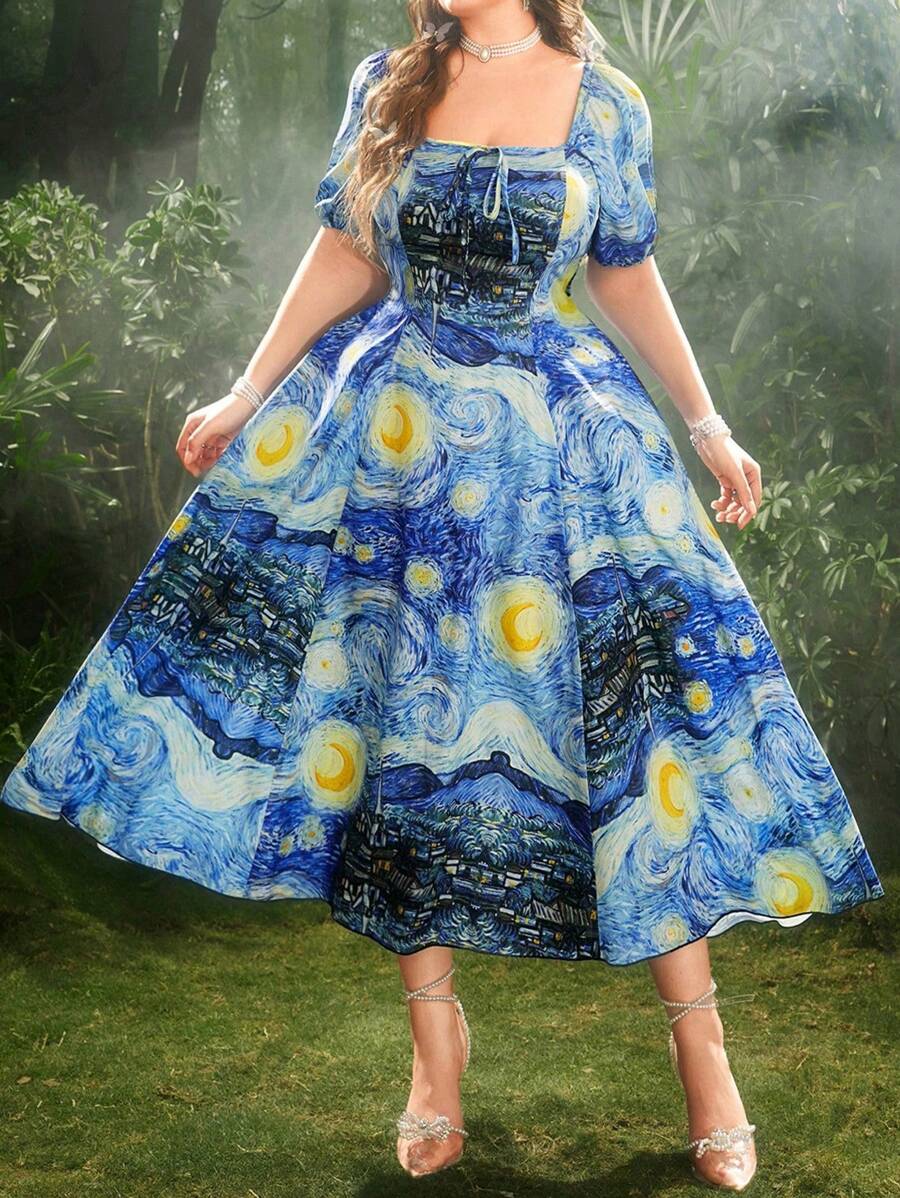 Lyrianda Plus Size Vacation Romantic Van Gogh Print Waist Gathered A-Line Dress - Multicolor - View 1
