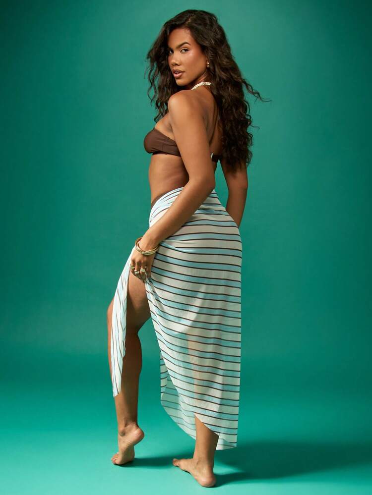 MISSGUIDED Beach Sarong Wrap Striped Cover Up Swimsuit Wrap Pareo Summer Beachwear Vacation Pool Resort Wear Cruise Holiday Maxi Length Side Tie Cover-Up