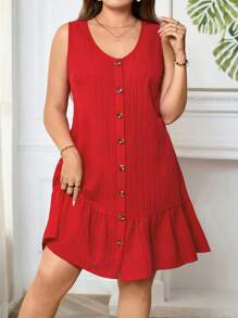 EMERY ROSE Plus Size Kvinnor Ärmlös enfärgad volangfåll Casual Shift Dress - Röd - Visa 4