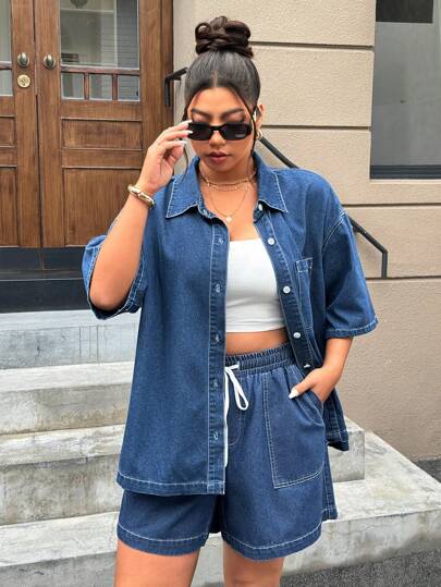 SHEIN ICON 大码女式落肩单排扣休闲口袋牛仔夹克