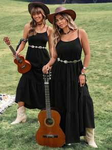 SHEIN LUNE Plus Size Women Sleeveless Black Adjustable Backless Cinched Waist Waist Casual Vacation Dress