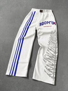 Aesthetic Post--Men's Street-Style Casual Look, Featuring A High-Street , Color-Block Of Blue Stripes And A "BOOM Countdown" Design On White Wide-Leg Sweatpants. Perfect For Music Festivals And Everyday Wear, And Also Makes A Great Gift For A Boyfriend Or Husband, Fitting Both Streetwear And Y2K Aesthetics. Men Joggers ,Baggy Pants ,Men's Blue Striped "BOOM" Countdown Loose Fit Pants , Men Workout Pants , Sport Pants For Men , Y2k Clothes Men - Multicolor - View 4