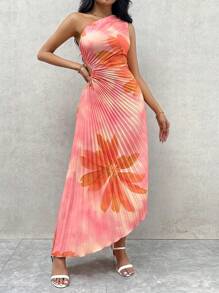 Firerie 优雅渐变色花卉印花不对称褶皱腰镂空无袖中长连衣裙，适合派对和度假，春夏季 - 橘色 - 查看 7