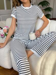 Snug Zone 休闲黑白罗纹印花针织罗纹女士家居服套装 - 黑與白 - 查看 5