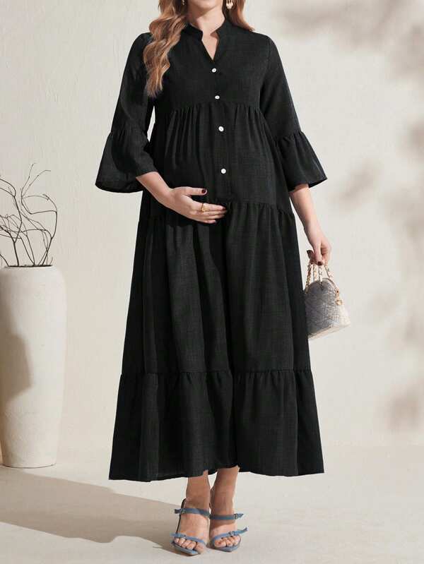 SHEIN Maternity Long Loose Patchwork Button Up Dress