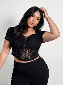 Sweetheart Neck Front Drawstring Fishbone Lace Bralette Cropped Short Sleeve T-Shirt, Sexy Date Night Elegant Venue, Plus Size Women Blouse Women Casual Tops Women Top Women Spring Tops Work Blouse Women Women Summer Blouses/Festival Outfits/Graduation Graduation Season Party Black Top/Sequin/Sparkly/ Renaissance Fair Slim Short T-Shirt - Black - View 3