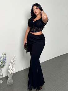 Sweetheart Neck Front Drawstring Fishbone Lace Bralette Cropped Short Sleeve T-Shirt, Sexy Date Night Elegant Venue, Plus Size Women Blouse Women Casual Tops Women Top Women Spring Tops Work Blouse Women Women Summer Blouses/Festival Outfits/Graduation Graduation Season Party Black Top/Sequin/Sparkly/ Renaissance Fair Slim Short T-Shirt - Black - View 6