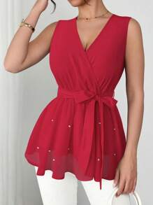 Elenzga Blusa elegante francese con scollo a V incrociato, senza maniche, vita stretta, in tessuto trasparente a rete con decorazione in perle, con fondo ampio e svasato
