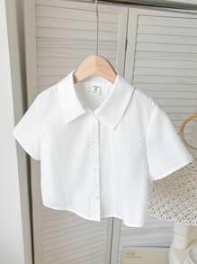 SHEIN Blusa de manga corta de tejido sencillo informal para niñas preadolescentes