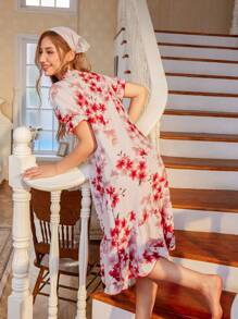 CottageSlumber Red Floral Print Ruffle Hem Bubble Wrinkle Women Nightdress - Apricot - View 3