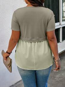 Calvaya Pearl Detail Plus Size Two-In-One Contrast Color T-Shirt Graphic Tees Women Tops - Mint Green - View 2