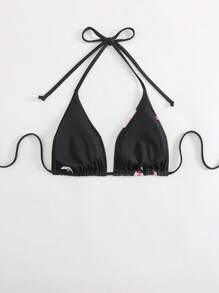 Swim DD+ Top de bikini con estampado floral grande, tirantes de espagueti y espalda descubierta para mujer DD, vestimenta casual y de resort para el verano - Negro - Ver 2