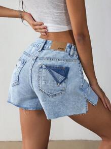 SHEIN EZwear Women's Casual Blue Denim Shorts - High-Waisted Short Jeans With Raw Hem Detail