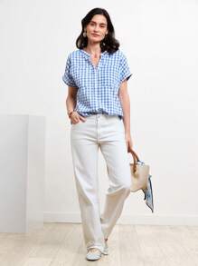 Miaspire 格子圖案蝙蝠袖襯衫 - 藍白色 - 查看 3