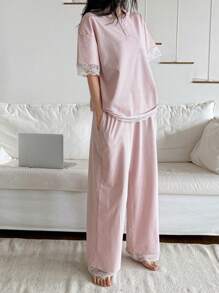 2pcs Striped Loose Short Sleeve Women Pajama Set - Pink - View 6