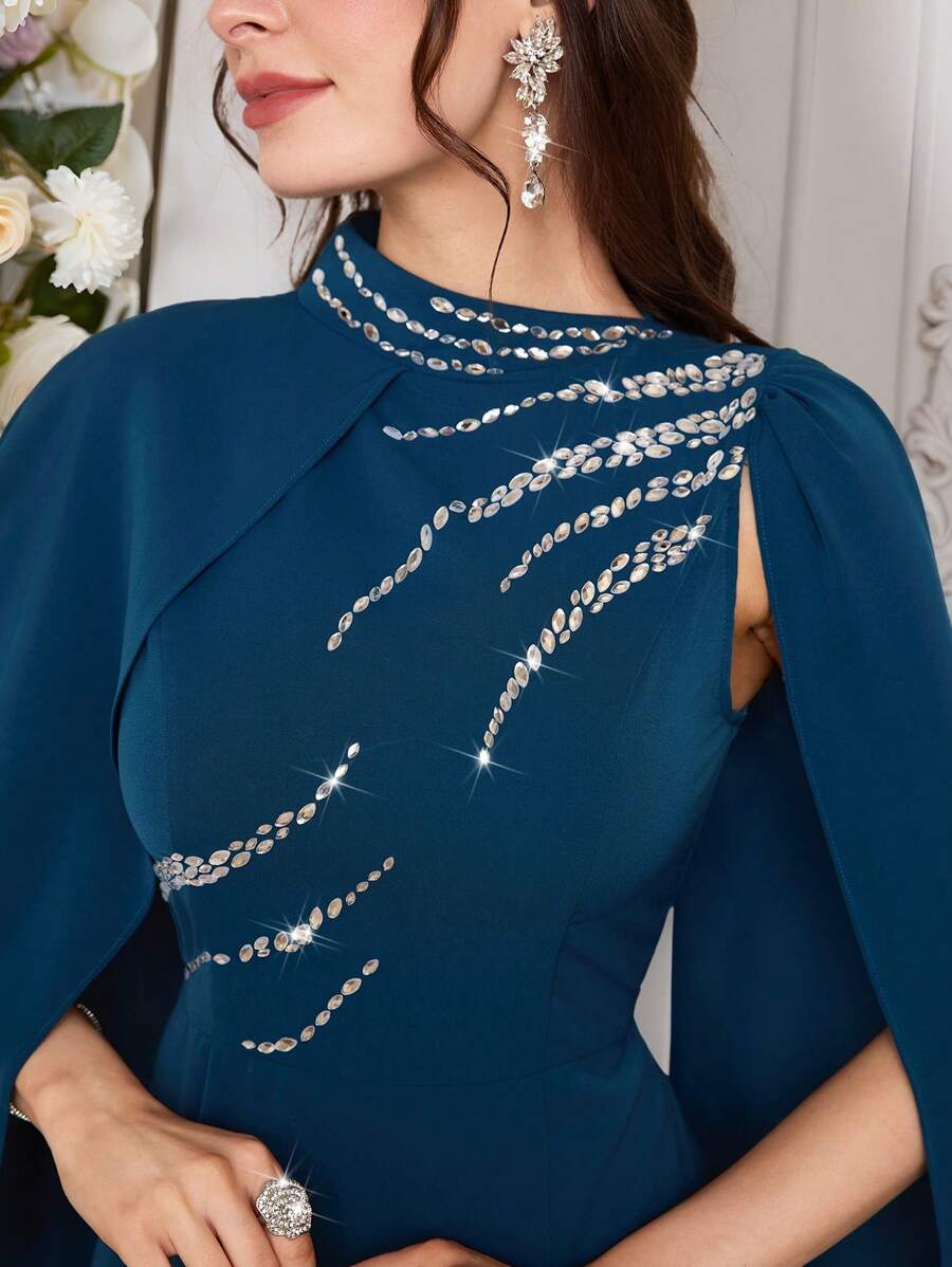 Modelyn 女士优雅水钻装饰斗篷袖连衣裙 - 水鴨藍 - 查看 1