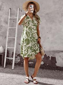 EMERY ROSE Women's Summer Casual Short Sleeve V-Neck ,All-OverPrint Button Front Mid-Length Vacation Dress - Multicolor - View 5