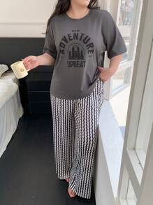 Dazy Plus Letter Print Loose Top And Striped Pants Pajama Set - Grey - View 8