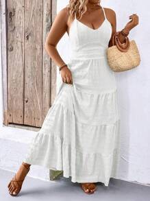 SHEIN Holidaya Vestido de tirantes finos sin mangas con espalda descubierta y dobladillo con volantes de unicolor para Año Nuevo, para vestido largo de Acción de Gracias para mujeres de talla grande