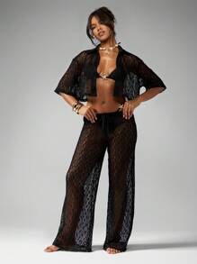 MISSGUIDED Set a due pezzi all'uncinetto da spiaggia e resort, con pantaloni a gamba larga e camicia con bottoni, abbigliamento da spiaggia, copertura costume da bagno, per piscina, festival, vacanze