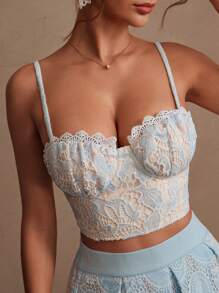 Savoree Women's Elegant Light Blue Hollow Floral Embroidery Spaghetti Strap Sleeveless Crop Top, Suitable For Summer, Holiday, Casual, Festival, Going Out, Vacation