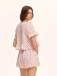SHEIN Unity 2 件套复古红色波尔卡圆点荷叶边圆领短款上衣 + 波尔卡圆点泡泡短裤，浪漫度假装，春夏新品 - 紅色 - 查看 2