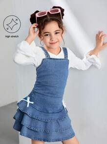 DENIMLY 年轻女孩 Y2K 高弹力蝴蝶结连衣裙，带肩带和 3 层。Y2K 和时尚