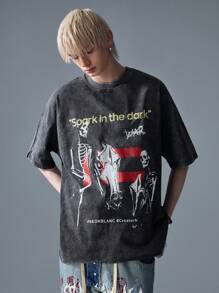 NEON BLANC Camiseta de manga corta con cuello redondo y estampado de letras, de corte holgado y color marrón, para hombre, de moda urbana