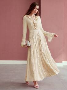 MOTF PREMIUM CONTRAST LACE RUFFLE DRESS - Apricot - View 5