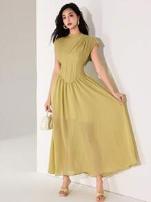 Heiryn 女士纯色立领荷叶边优雅连衣裙 - 黃色 - 查看 6