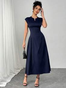 NOVVYNE 女式简约优雅合身 V 领长款纯色日常休闲连衣裙 - 藏蓝色 - 查看 5