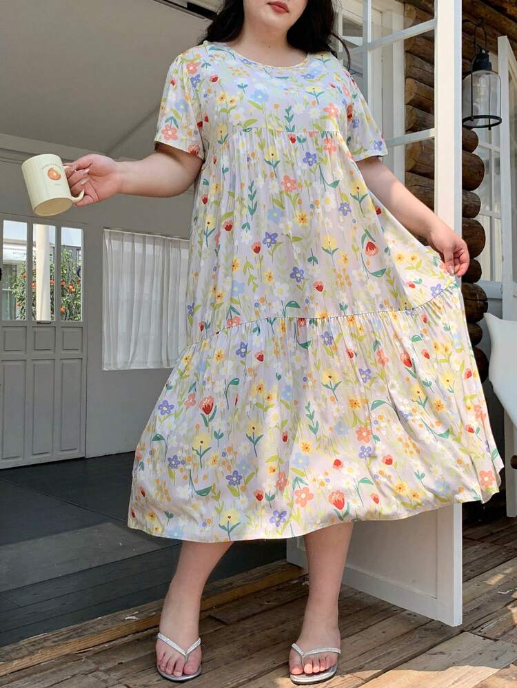 Dazy Plus Plus Size Floral Print Loose Long Nightdress , Casual Sleepwear, Moo Moo Night Dress