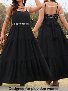 SHEIN LUNE Plus Size Women Sleeveless Black Adjustable Backless Cinched Waist Waist Casual Vacation Dress