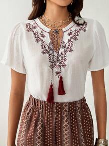 Florisole Women's Boho Tie Neck Blouse With Delicate Embroidery, Short Sleeves, Regular Length - White - View 3