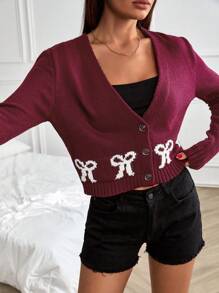 EURMUSE V-Neck Burgundy Knit Cardigan With Contrast Bow Intarsia, Button-Up Front, And Ribbed Cuffs & Hem,Cardigans For Women,Long Cardigans Woman,Petite Cardigans,Cardigans - Burgundy - View 5