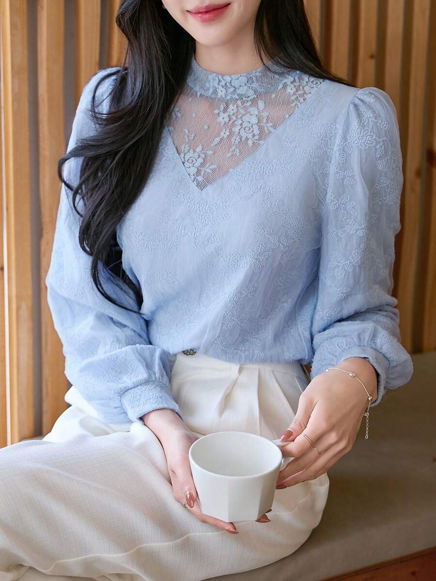 DAZY 女士优雅纯色蕾丝拼布T恤长袖女上衣