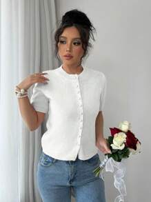 Selianne New Arrival Autumn Winter Casual Loose Pink Simple Button Knit Sweater Top, Women Short Sleeve Pullover - White - View 6