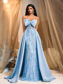 Glamrae Váy Maxi đuôi cá bằng vải satin thêu hoa sequin sang trọng có nơ lớn xòe rộng, thích hợp cho đám cưới, tiệc tùng, tiệc chiêu đãi, những dịp trang trọng (thêu dày), váy dự tiệc, váy dài, cho buổi tối, khách dự tiệc cưới - Màu xanh lam - Xem 4