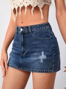 SHEIN Essnce Women's Summer Casual Washed Ripped Denim Mini Skirt - Dark Wash - View 2