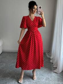 Chiquease 女士波尔卡圆点印花重叠 V 领短袖优雅中长连衣裙 - 紅色 - 查看 1