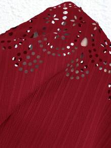 SHEIN Clasi 女式休闲宽松烧花圆领短袖衬衫，春夏 - 紅色 - 查看 6